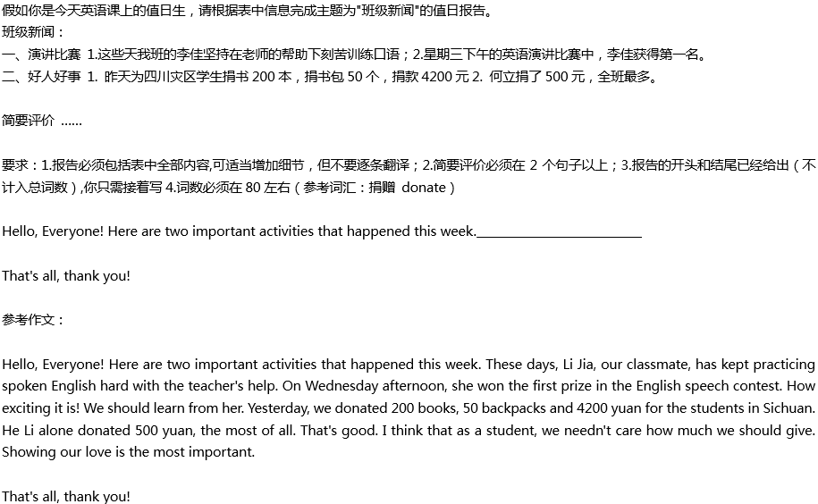 2020年中考英語滿分作文預(yù)測(cè)范文：值日?qǐng)?bào)告